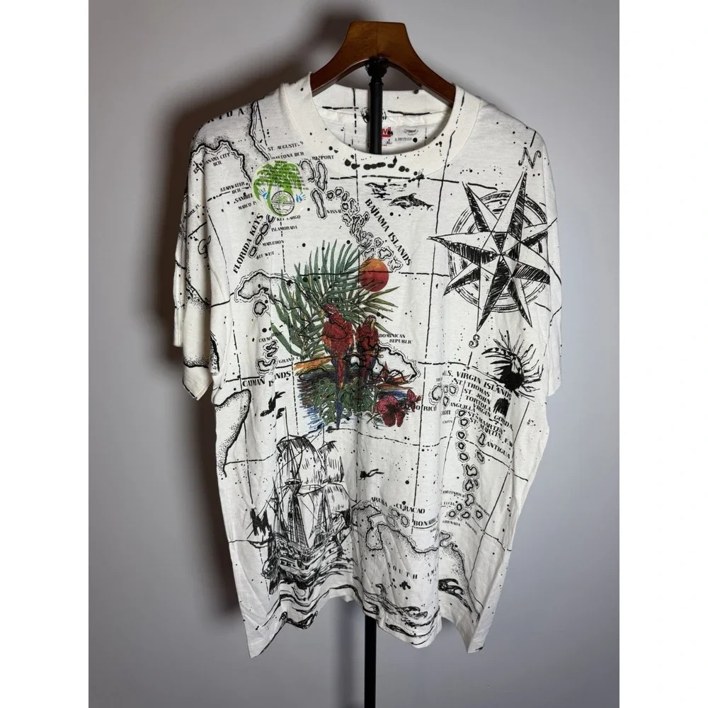 Vintage 90s Single Stitch Stanley Michaels AOP Carribean Art Tee T Shirt X-LARGE